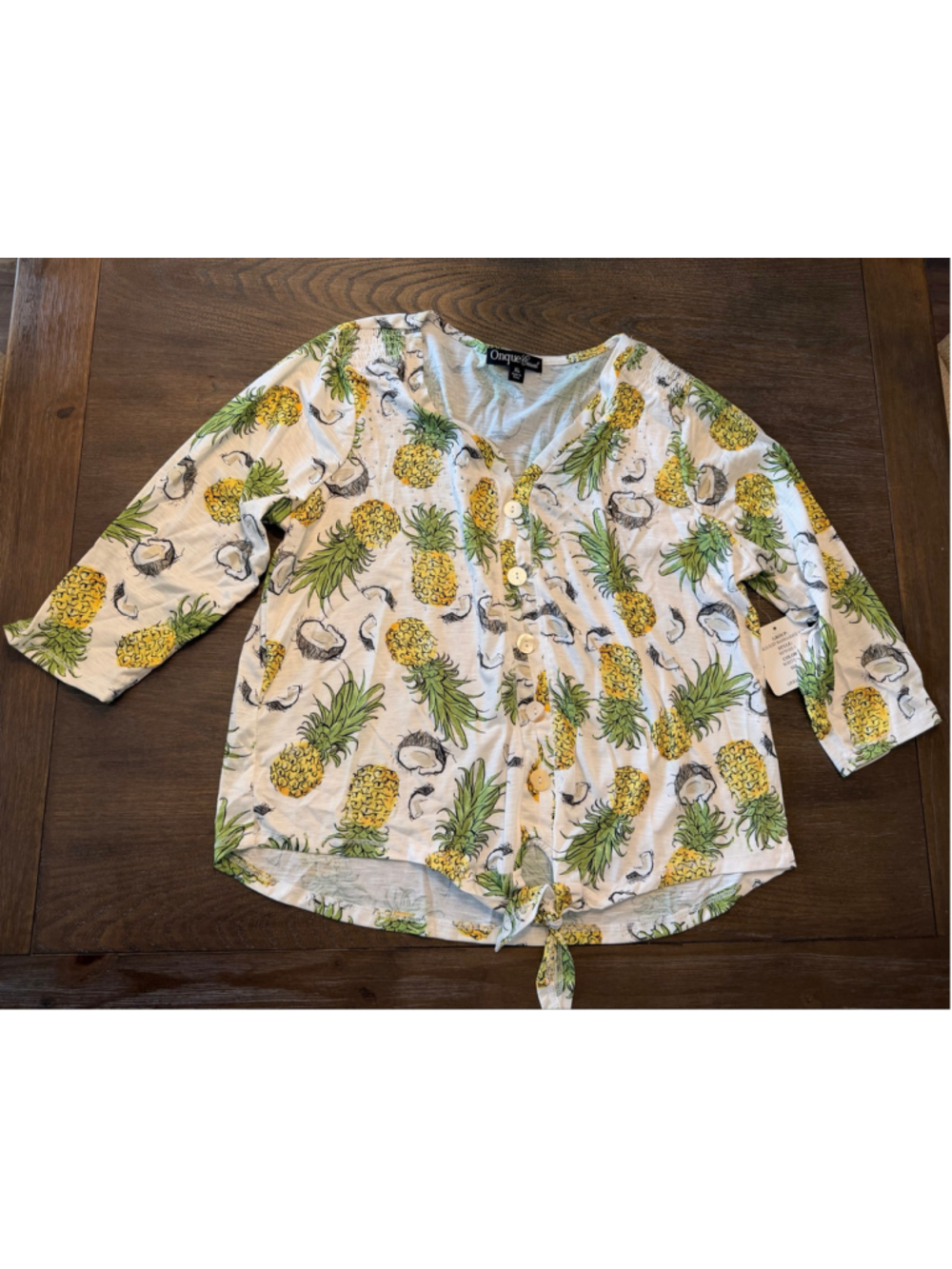 Onque Casual Pineapple Print Tie-Front Tee, White/Yellow, Size XL NWT